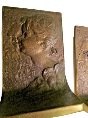 vintage bookends, child and man, old man and the sea, 1920s bronze